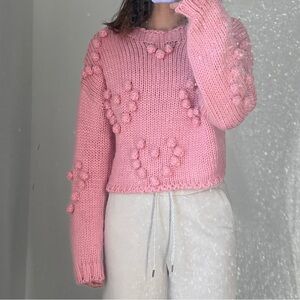 Pink heart Knit Sweater with Pom Pom Details